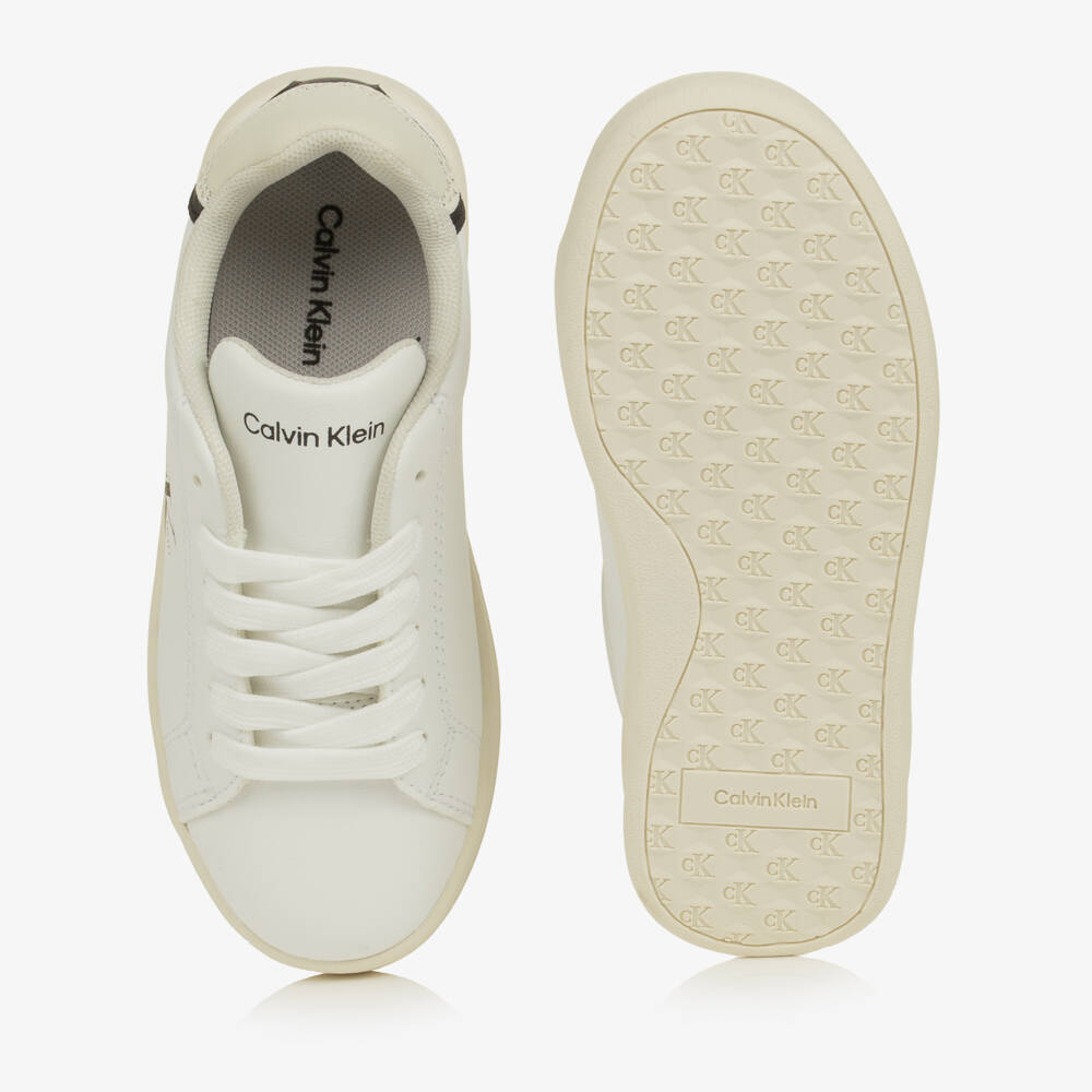 Calvin Klein-White CK Logo Lace-Up Trainers in Faux Leather | Childrensalon
