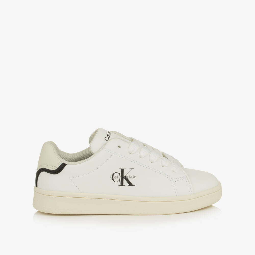 Calvin Klein-White CK Logo Lace-Up Trainers in Faux Leather | Childrensalon