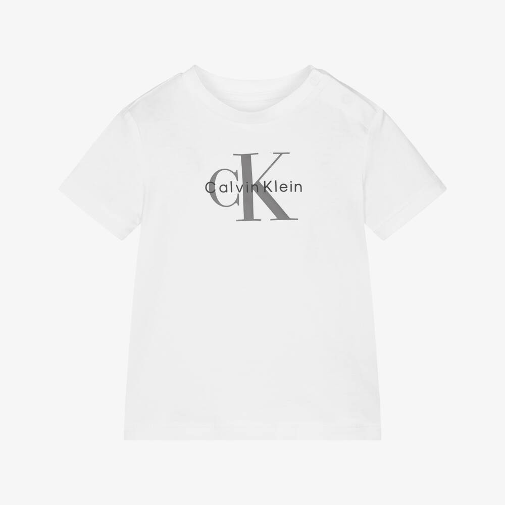 Calvin Klein-White Cotton Jersey Monogram Logo T-Shirt | Childrensalon