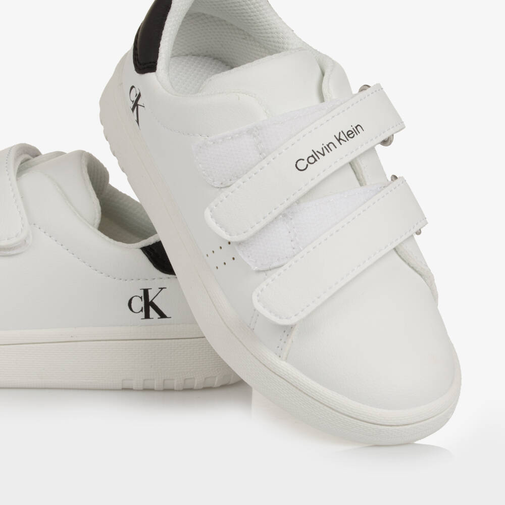 Calvin Klein-White Faux Leather CK Logo Velcro Trainers | Childrensalon