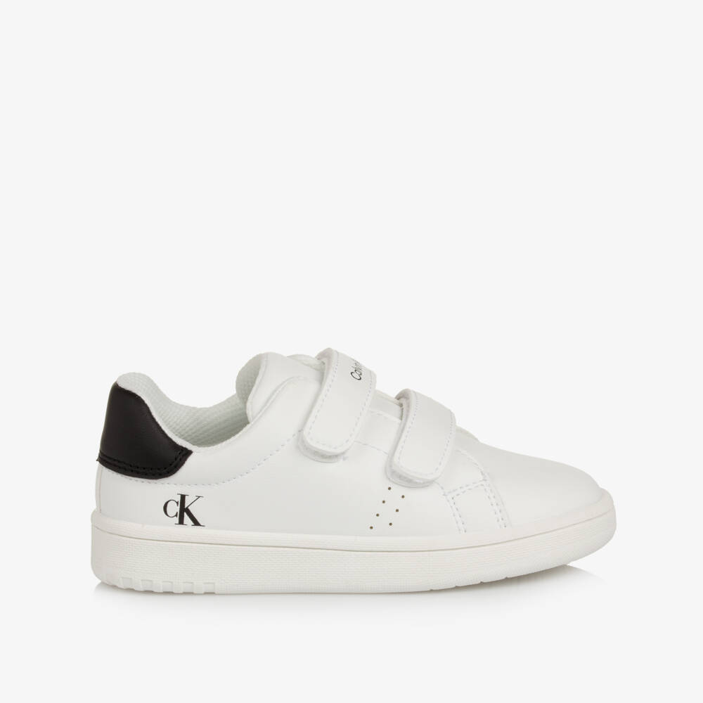 Calvin Klein-White Faux Leather CK Logo Velcro Trainers | Childrensalon
