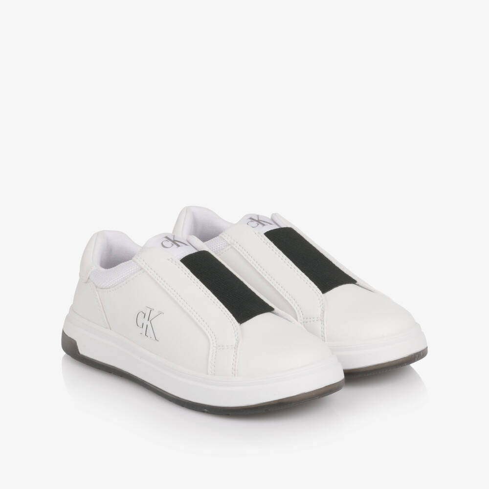 Calvin Klein-White Faux Leather Elasticated Trainers | Childrensalon