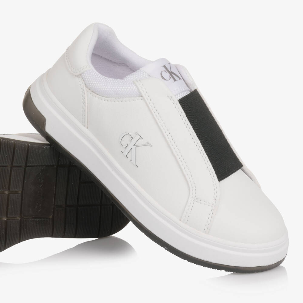 Calvin Klein-White Faux Leather Elasticated Trainers | Childrensalon