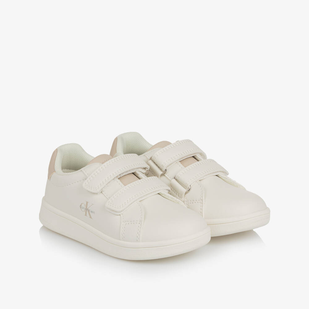 Calvin Klein-White Faux Leather Velcro Trainers with Beige Trims | Childrensalon