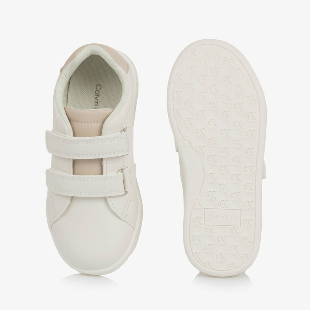 Calvin Klein-White Faux Leather Velcro Trainers with Beige Trims | Childrensalon