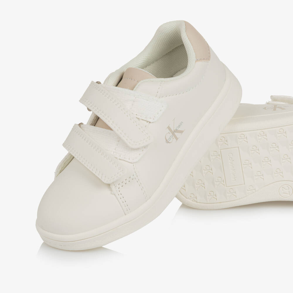 Calvin Klein-White Faux Leather Velcro Trainers with Beige Trims | Childrensalon