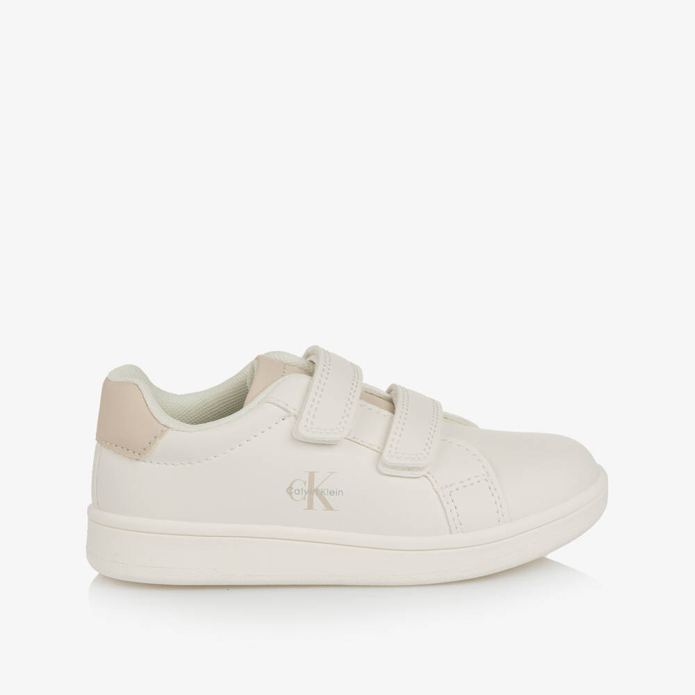 Calvin Klein-White Faux Leather Velcro Trainers with Beige Trims | Childrensalon