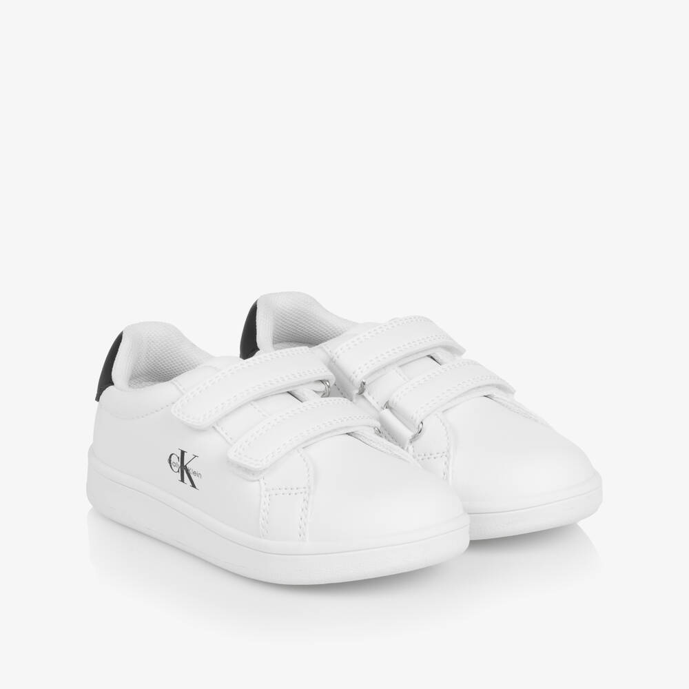 Calvin Klein-White Faux Leather Velcro Trainers with Black Logo Print | Childrensalon