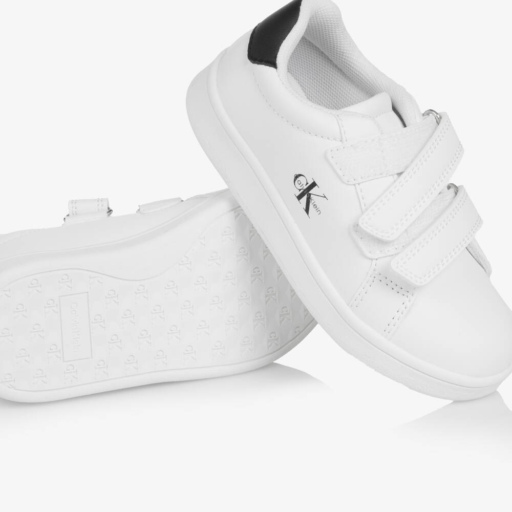 Calvin Klein-White Faux Leather Velcro Trainers with Black Logo Print | Childrensalon