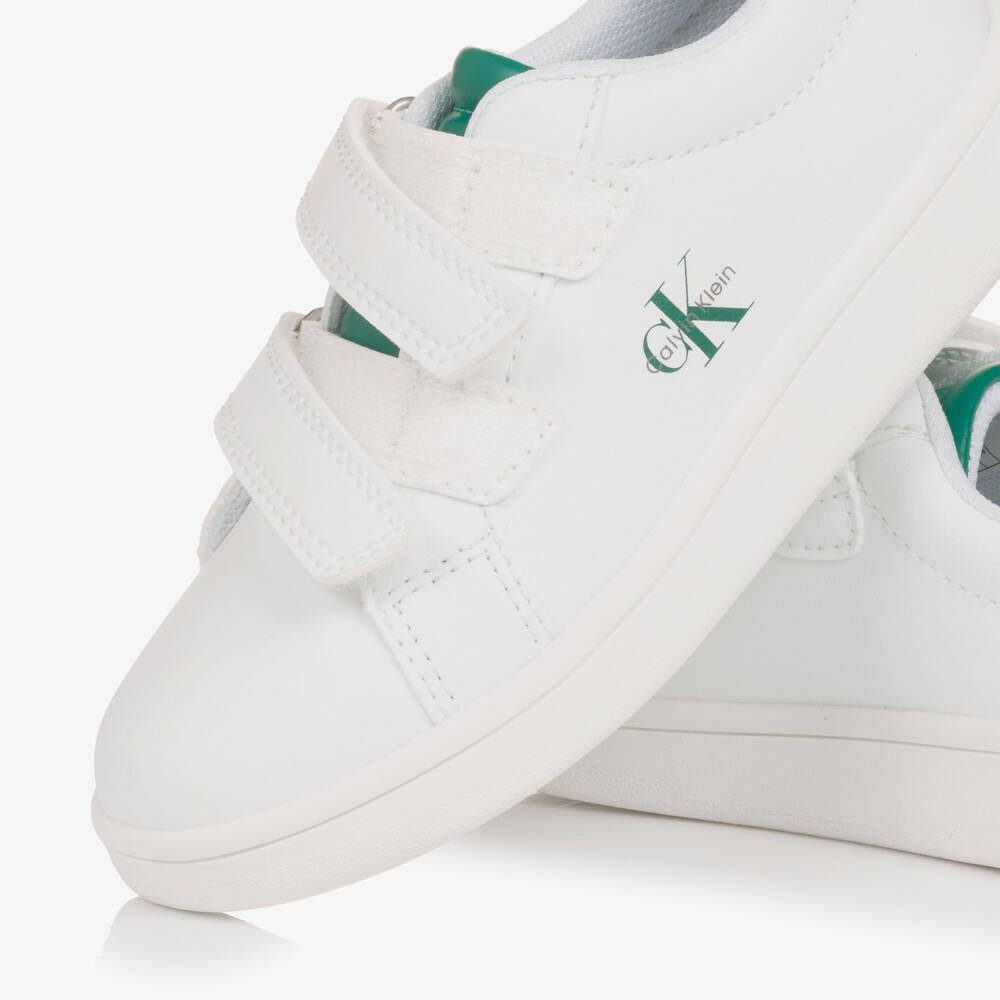 Calvin Klein-White Faux Leather Velcro Trainers with Green Trim | Childrensalon