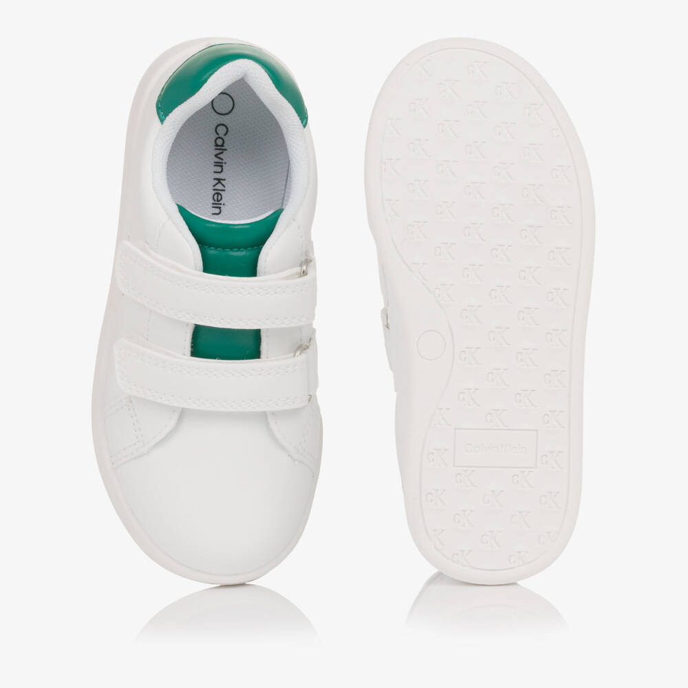 Calvin Klein-White Faux Leather Velcro Trainers with Green Trim | Childrensalon
