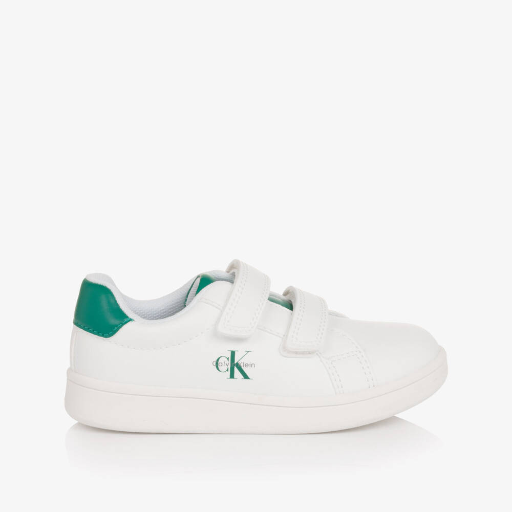 Calvin Klein-White Faux Leather Velcro Trainers with Green Trim | Childrensalon