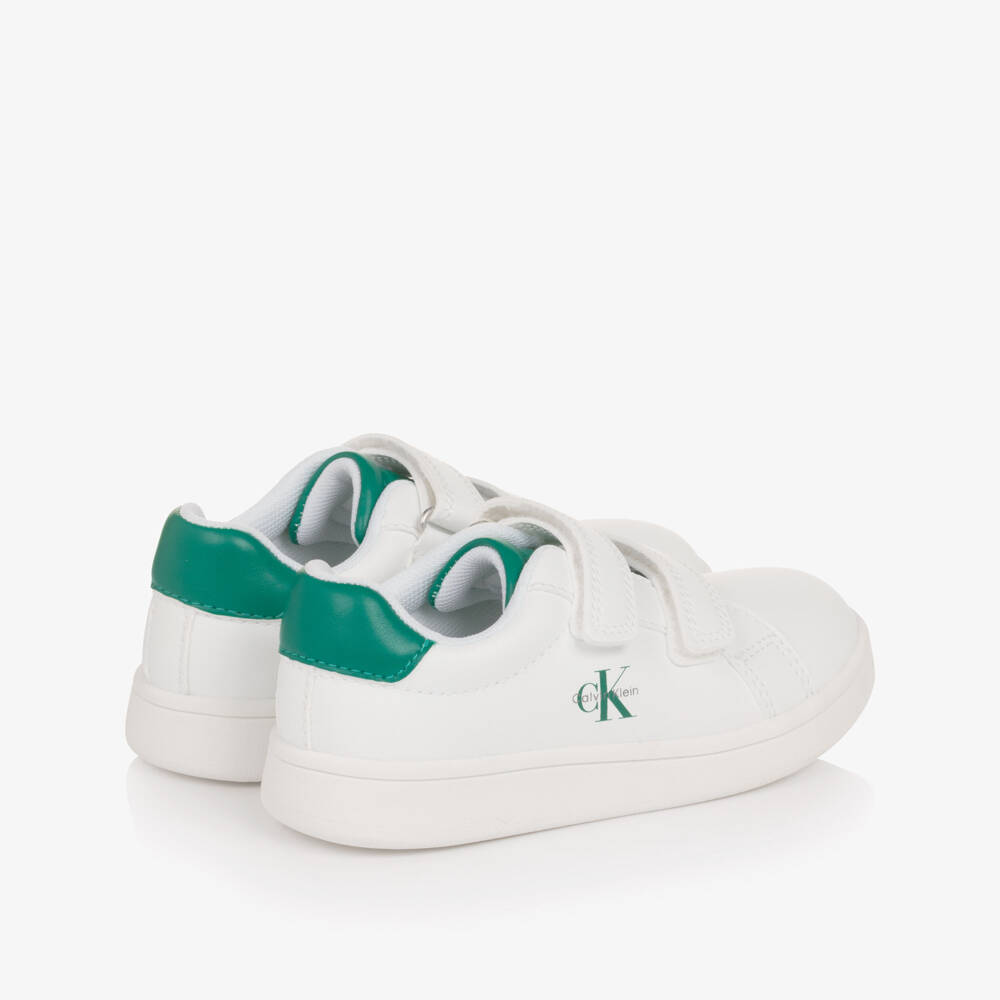 Calvin Klein-White Faux Leather Velcro Trainers with Green Trim | Childrensalon