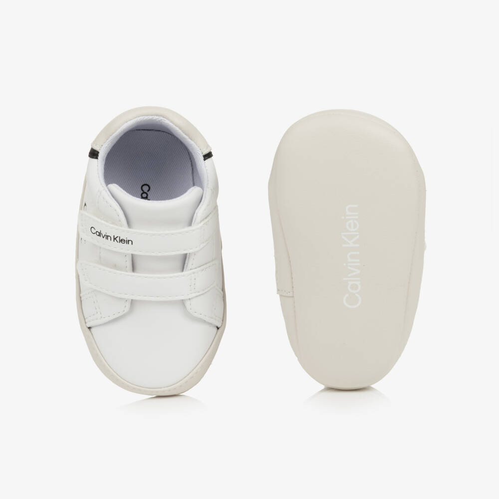 Calvin Klein-White Logo Baby Pre-Walker Trainers with Velcro | Childrensalon