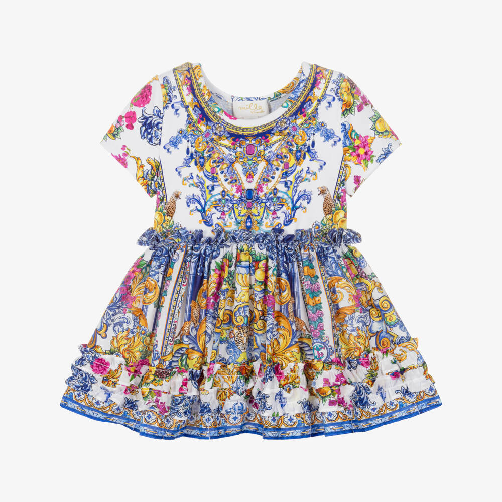 CAMILLA-Baby Girls Blue Cotton Dress with Baroque Print | Childrensalon