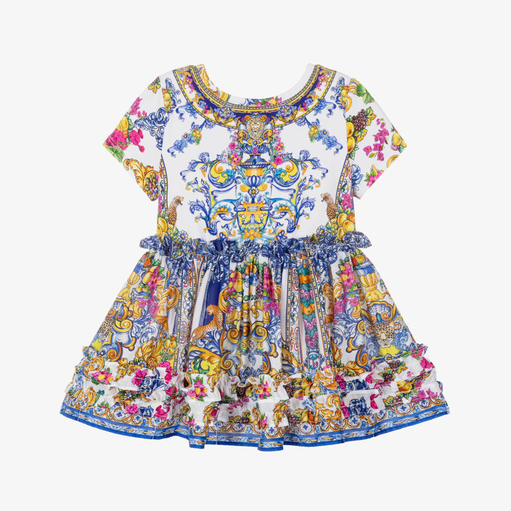 CAMILLA-Baby Girls Blue Cotton Dress with Baroque Print | Childrensalon