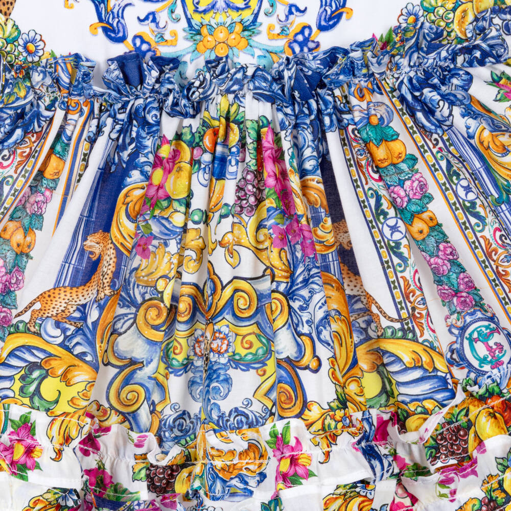 CAMILLA-Baby Girls Blue Cotton Dress with Baroque Print | Childrensalon