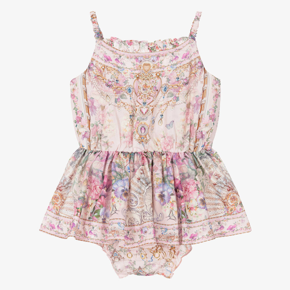 CAMILLA-Baby Girls Pale Pink Cotton Dress with Floral Print | Childrensalon