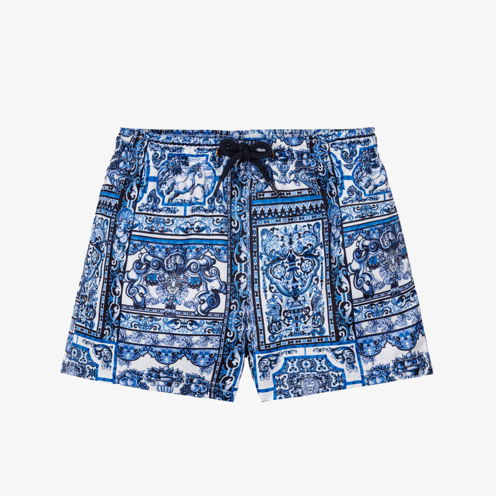 CAMILLA-Boys Blue Drawstring Swim Shorts with Tile Print | Childrensalon