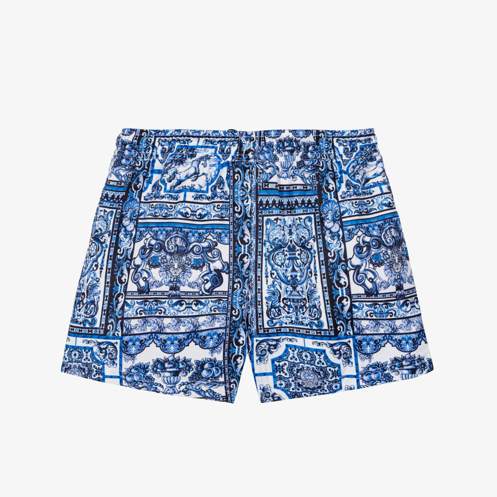 CAMILLA-Boys Blue Drawstring Swim Shorts with Tile Print | Childrensalon
