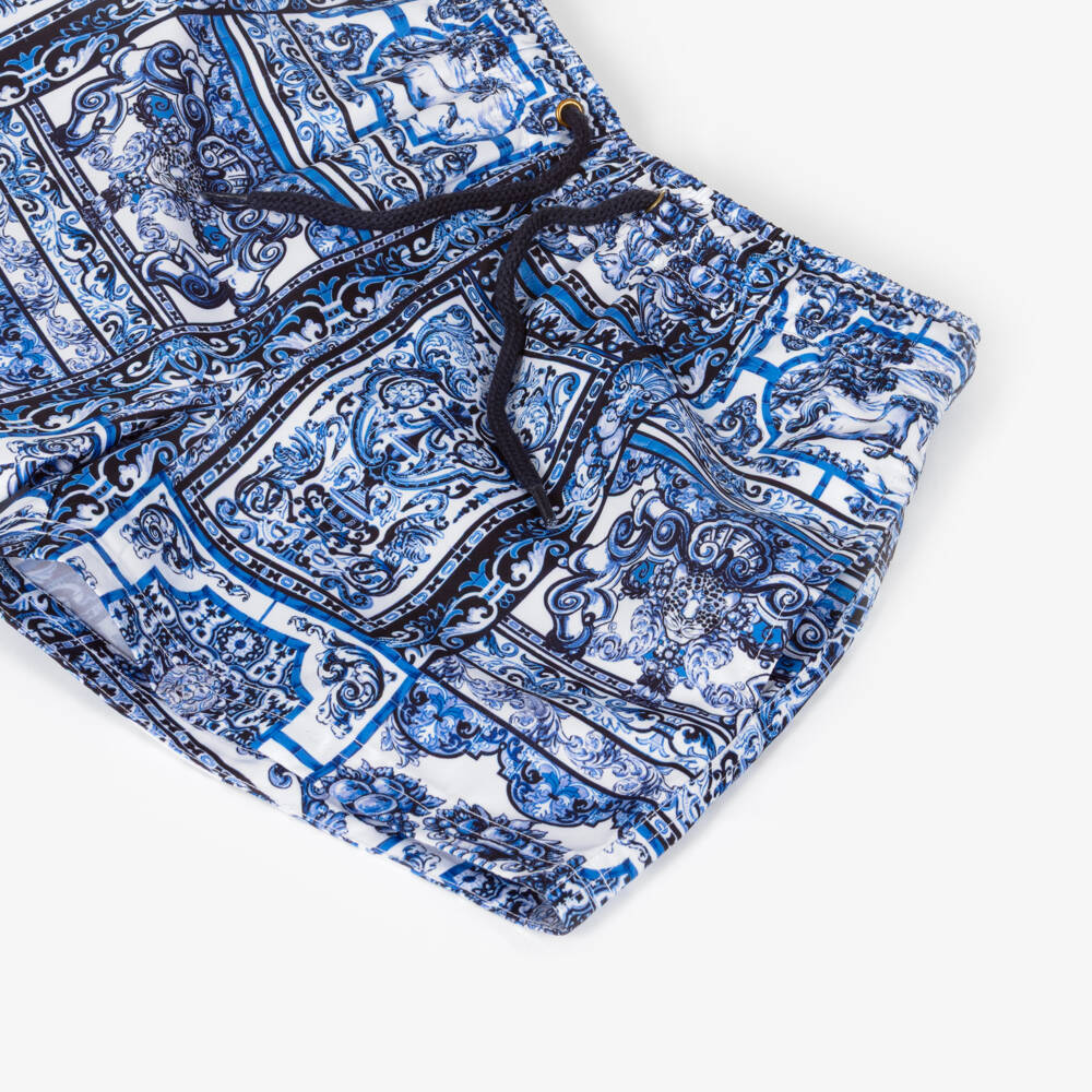 CAMILLA-Boys Blue Drawstring Swim Shorts with Tile Print | Childrensalon