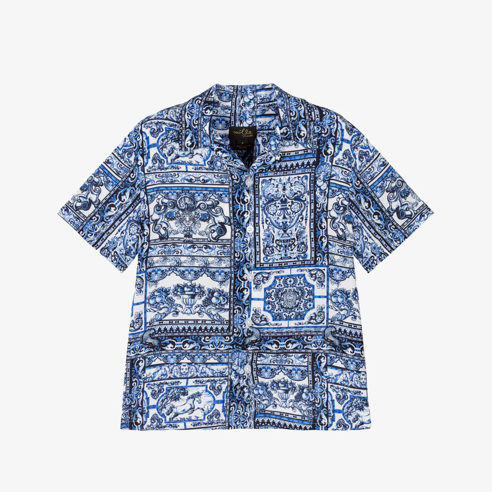 CAMILLA-Boys Blue Tile Print Shirt | Childrensalon