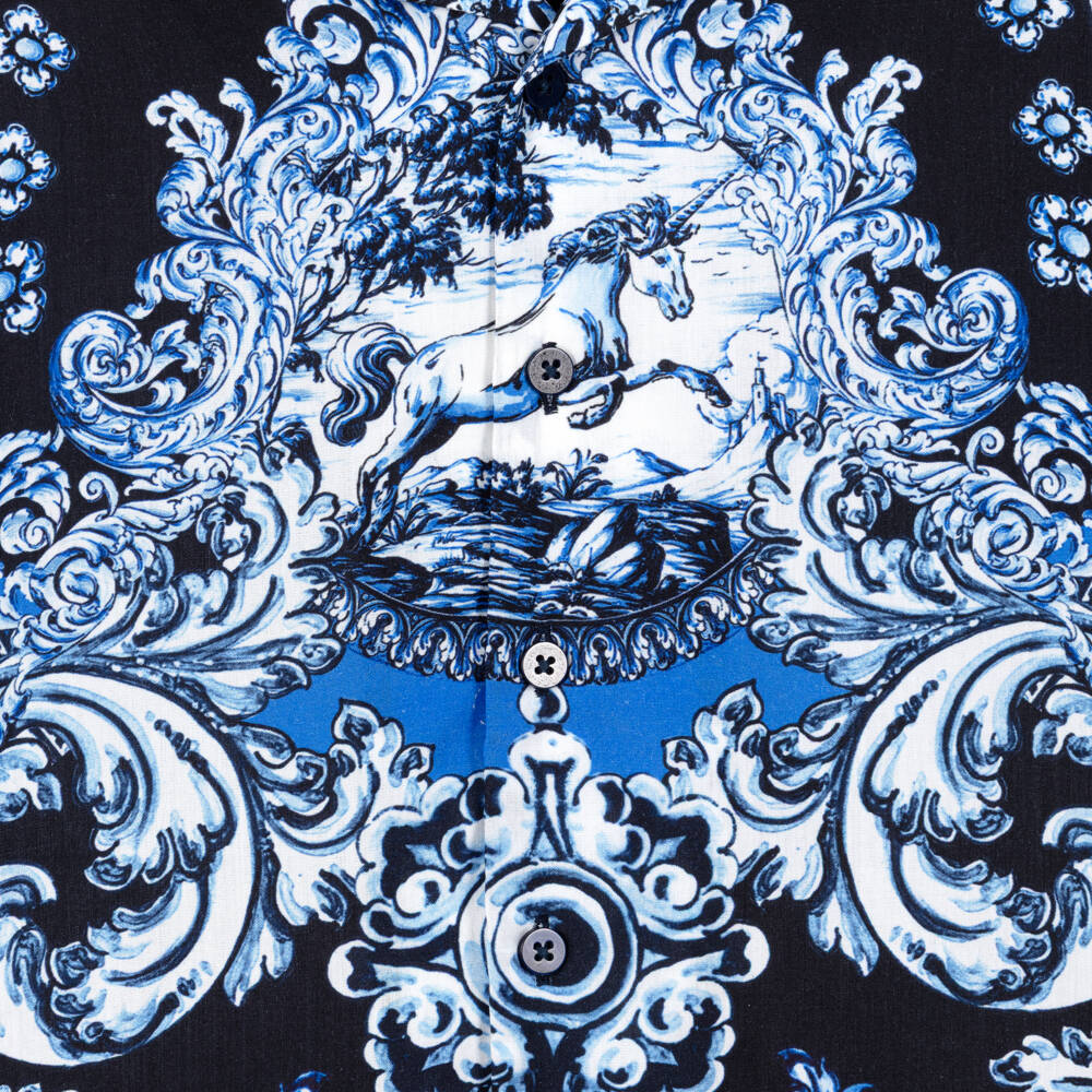 CAMILLA-Boys Blue Tile Print Shirt with Unicorn | Childrensalon