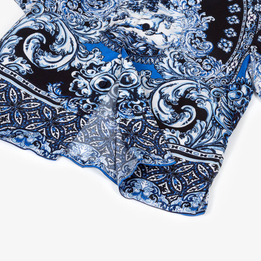 CAMILLA-Boys Blue Tile Print Shirt with Unicorn | Childrensalon