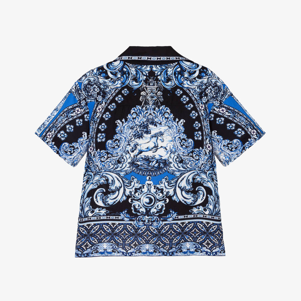 CAMILLA-Boys Blue Tile Print Shirt with Unicorn | Childrensalon