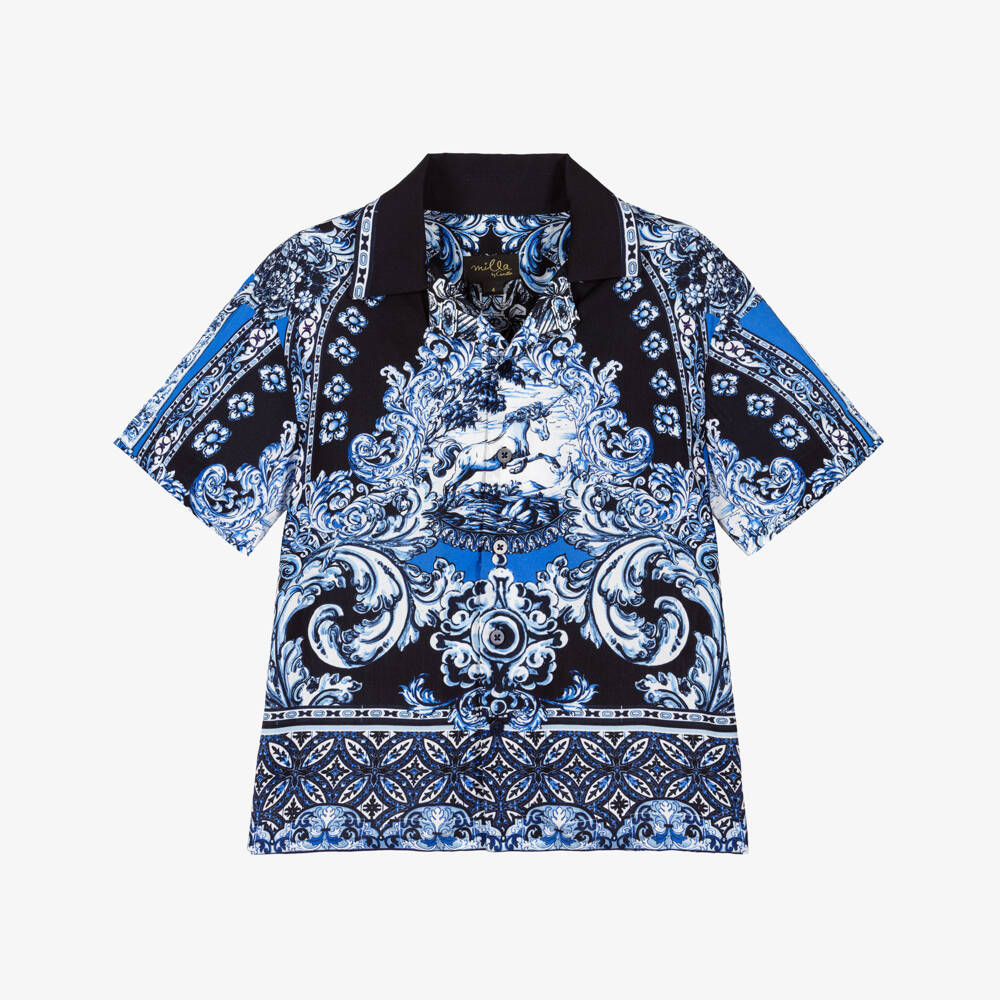 CAMILLA-Boys Blue Tile Print Shirt with Unicorn | Childrensalon
