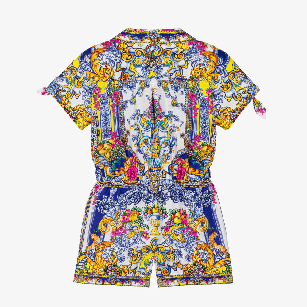 CAMILLA-Girls Blue Cotton Baroque Print Playsuit with Diamanté Collar | Childrensalon