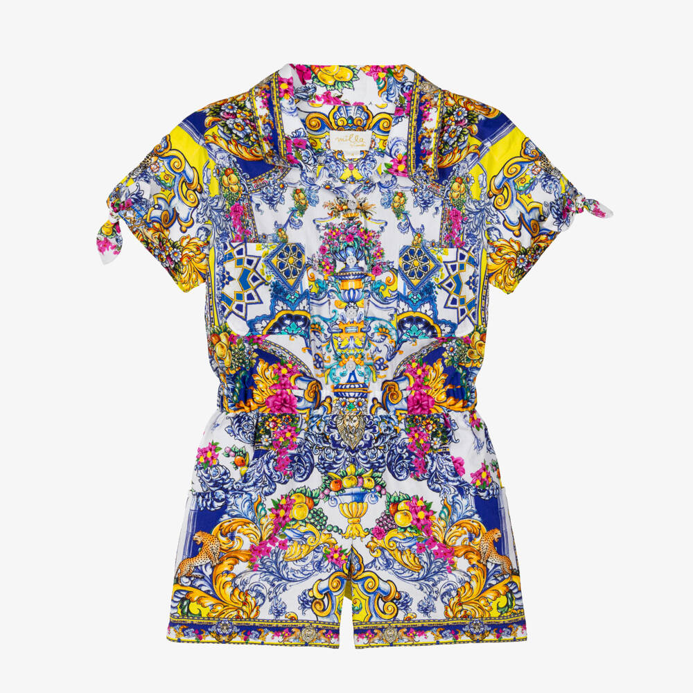 CAMILLA-Girls Blue Cotton Baroque Print Playsuit with Diamanté Collar | Childrensalon