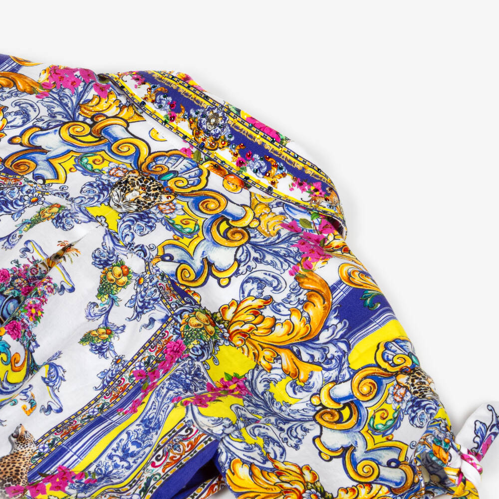 CAMILLA-Girls Blue Cotton Baroque Print Playsuit with Diamanté Collar | Childrensalon