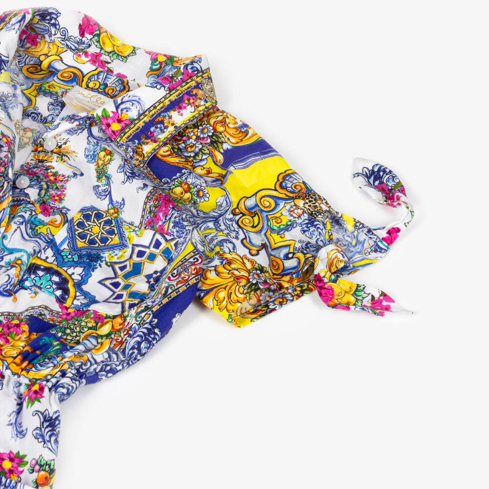 CAMILLA-Girls Blue Cotton Baroque Print Playsuit with Diamanté Collar | Childrensalon