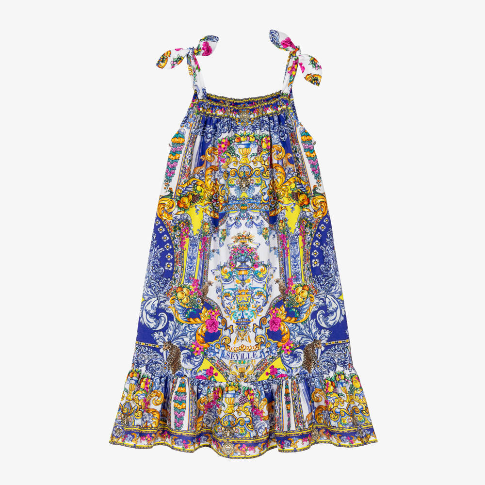 Camilla Kids-Girls Blue Cotton Dress with Baroque Print | Childrensalon