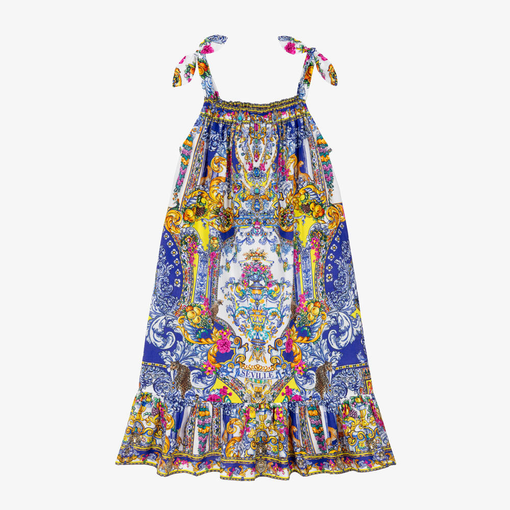 Camilla Kids-Girls Blue Cotton Dress with Baroque Print | Childrensalon