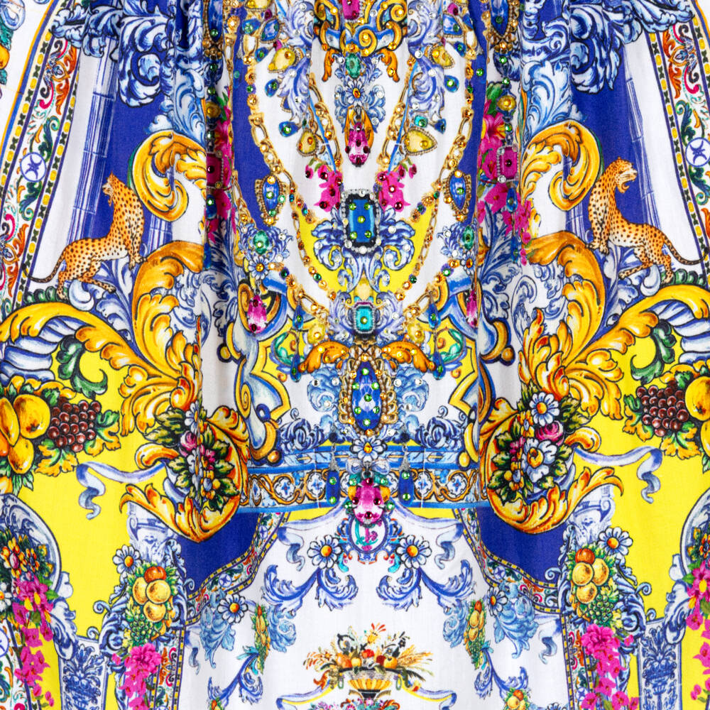 Camilla Kids-Girls Blue Cotton Dress with Baroque Print | Childrensalon