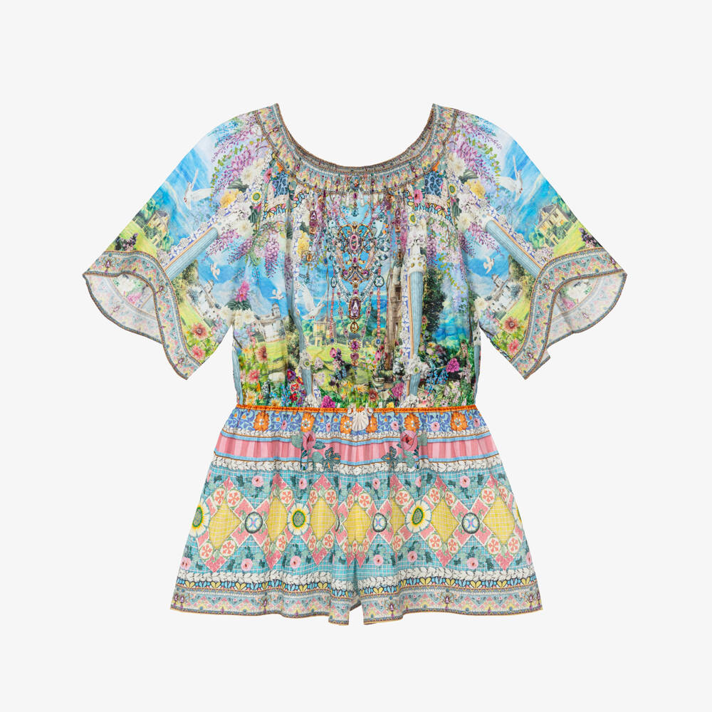 Camilla Kids-Girls Blue Cotton Playsuit with Garden Print | Childrensalon