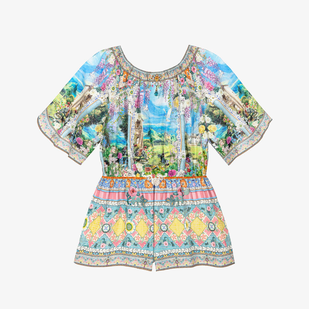 CAMILLA-Girls Blue Cotton Playsuit with Garden Print | Childrensalon