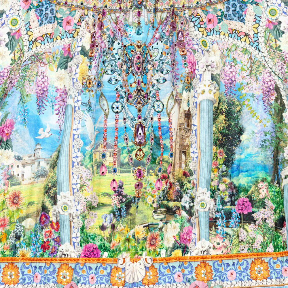 CAMILLA-Girls Blue Cotton Playsuit with Garden Print | Childrensalon