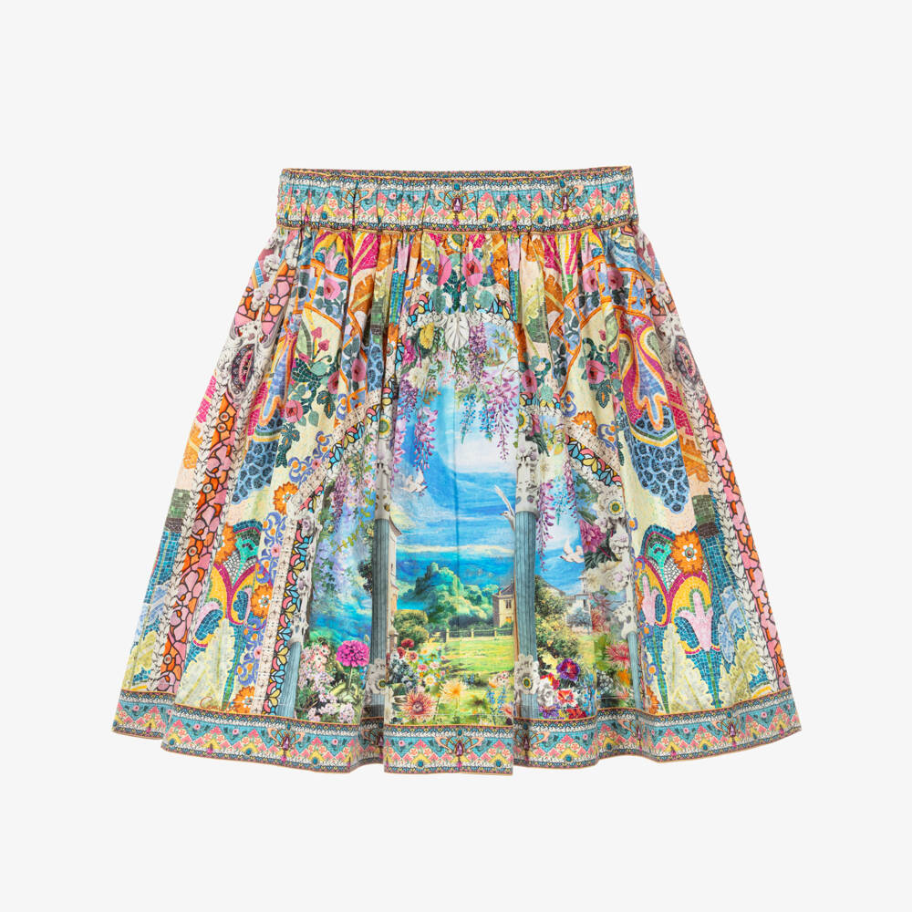 CAMILLA-Girls Blue Organic Cotton Skirt with Garden Print | Childrensalon