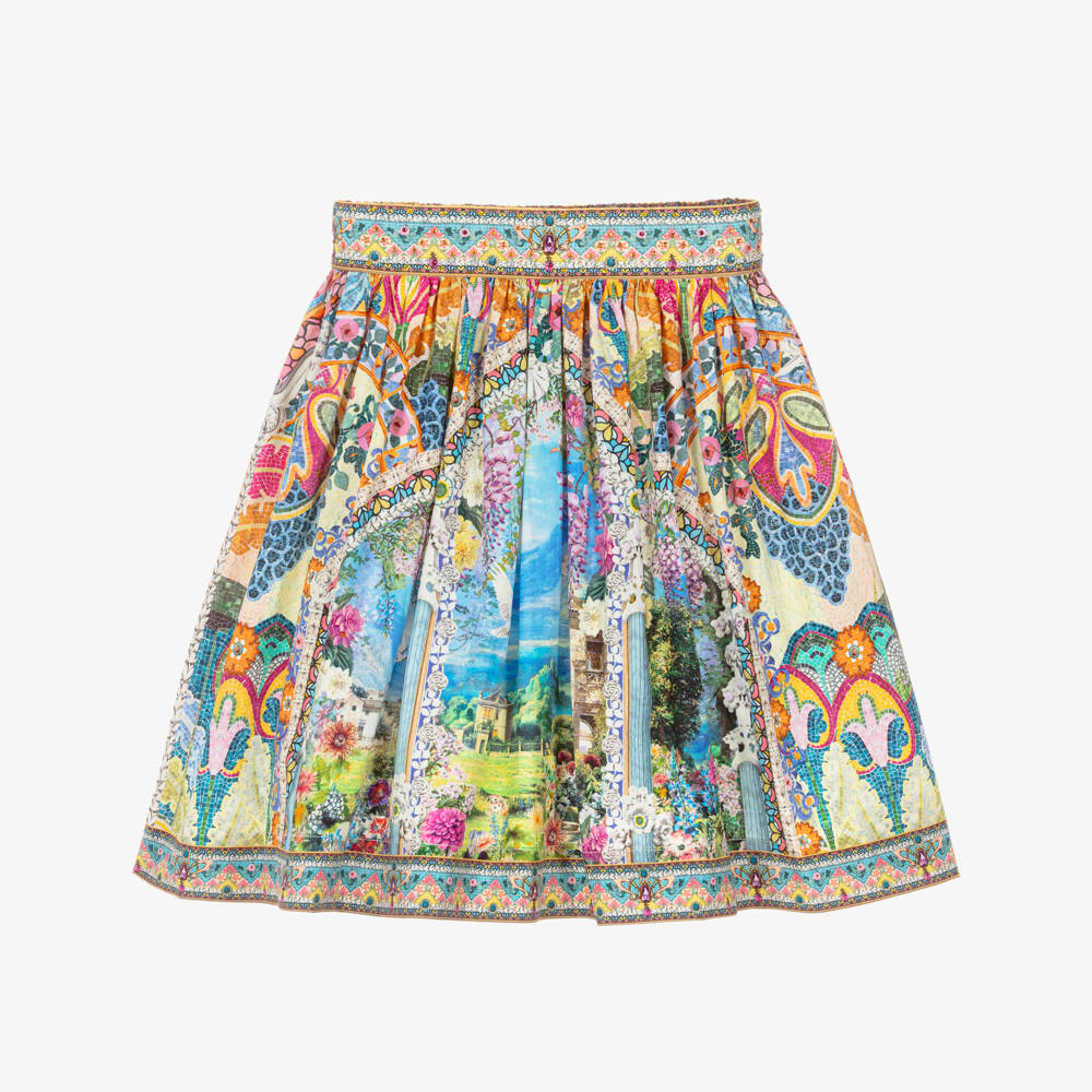 CAMILLA-Girls Blue Organic Cotton Skirt with Garden Print | Childrensalon