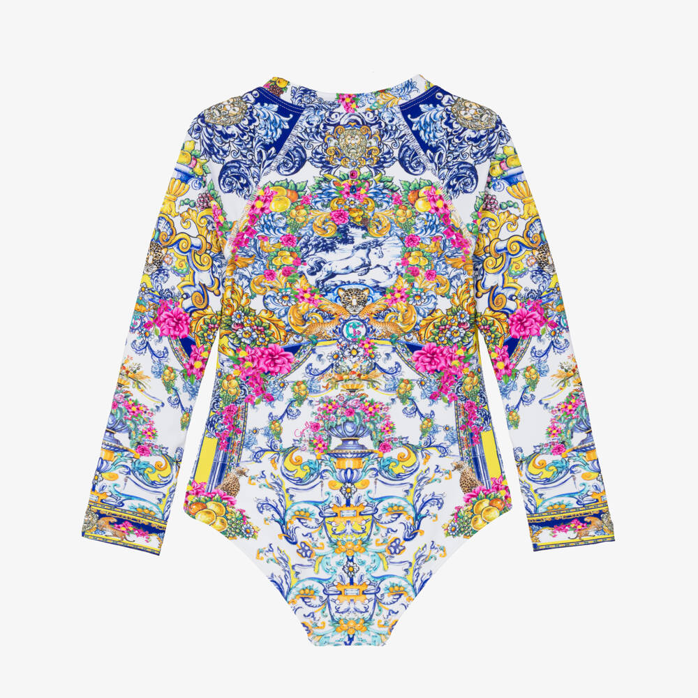 CAMILLA-Girls Long Sleeve Baroque Print Swimsuit with Diamantés | Childrensalon