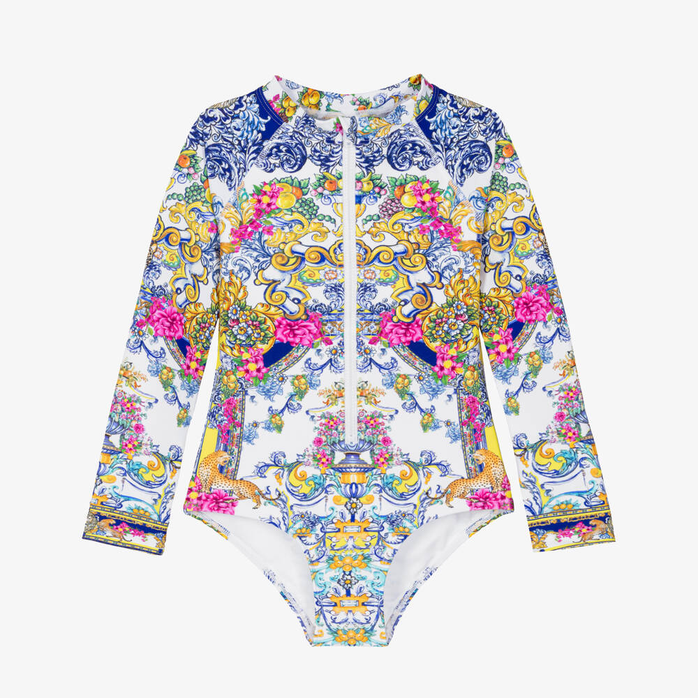 Camilla Kids-Girls Long Sleeve Baroque Print Swimsuit with Diamantés | Childrensalon
