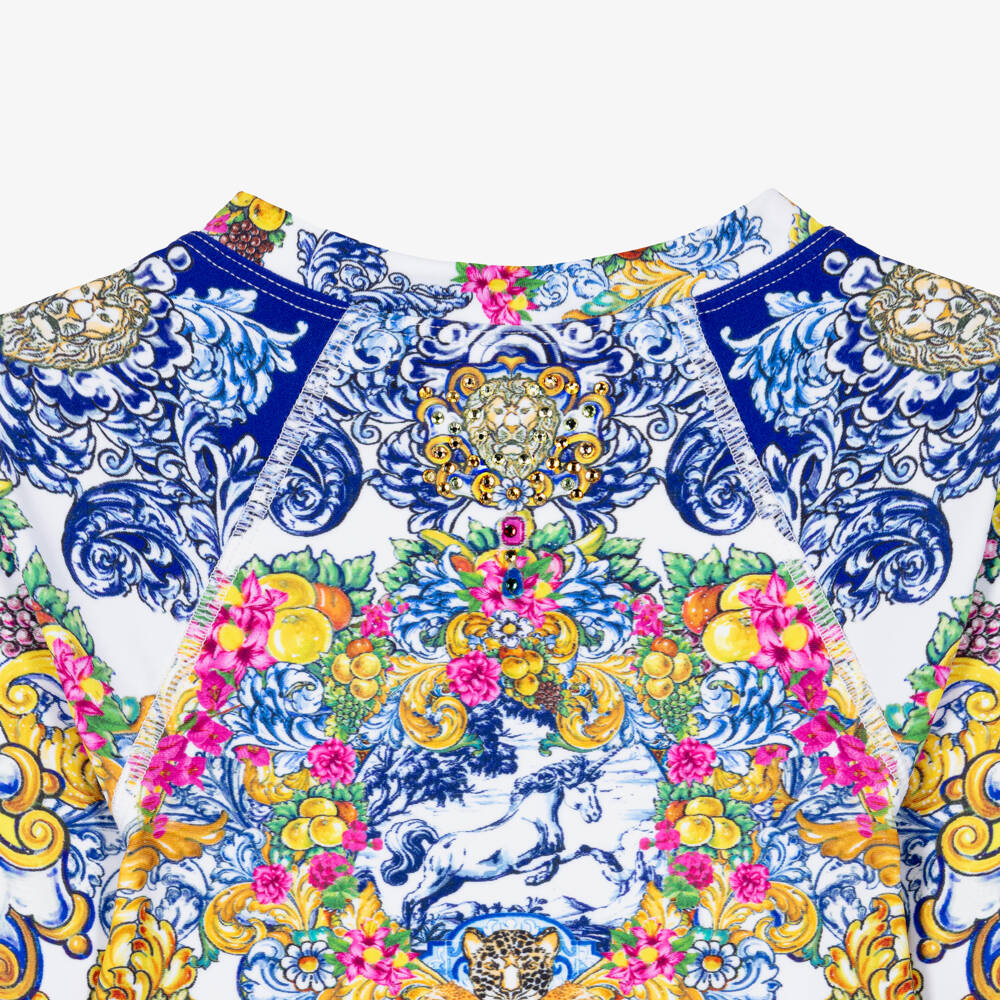 CAMILLA-Girls Long Sleeve Baroque Print Swimsuit with Diamantés | Childrensalon