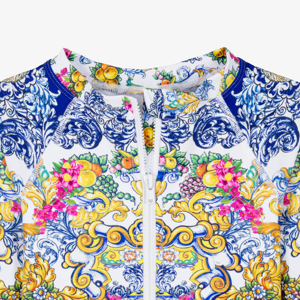 CAMILLA-Girls Long Sleeve Baroque Print Swimsuit with Diamantés | Childrensalon