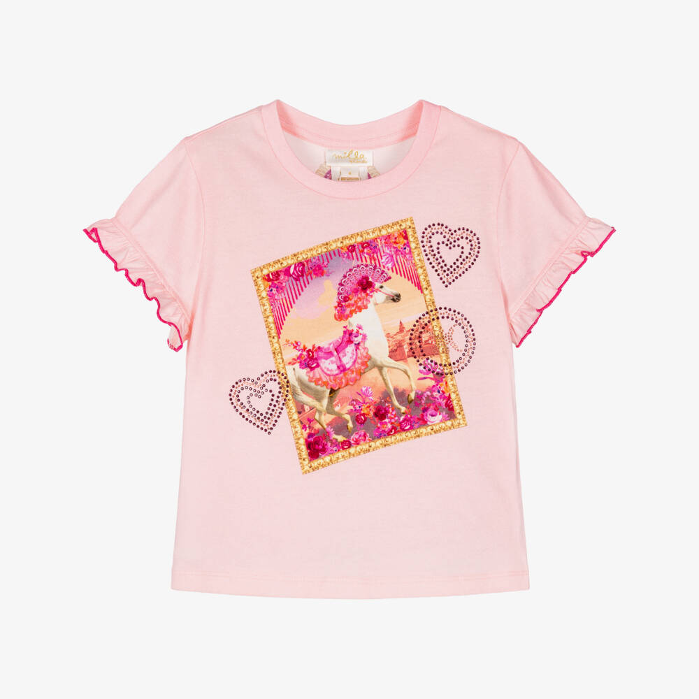 CAMILLA-Girls Pale Pink Cotton Jersey T-Shirt with Horse Print | Childrensalon