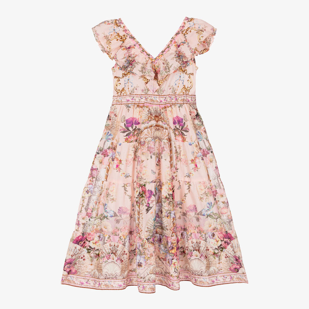Camilla Kids-Girls Pink Cotton Floral Dress with Ruffles & Bow | Childrensalon