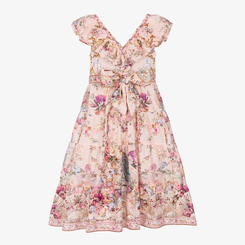 Camilla Kids-Girls Pink Cotton Floral Dress with Ruffles & Bow | Childrensalon