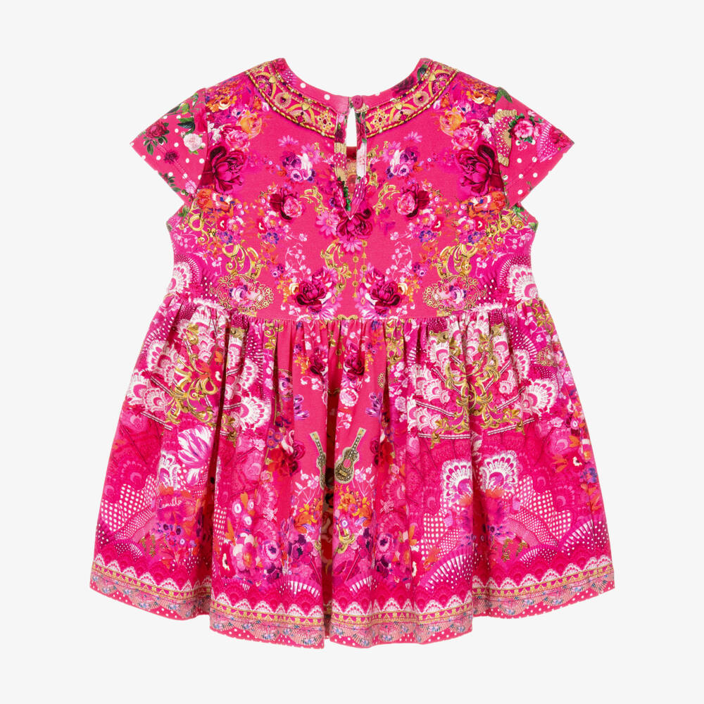 CAMILLA-Girls Pink Cotton Jersey Dress with Flamenco Print | Childrensalon